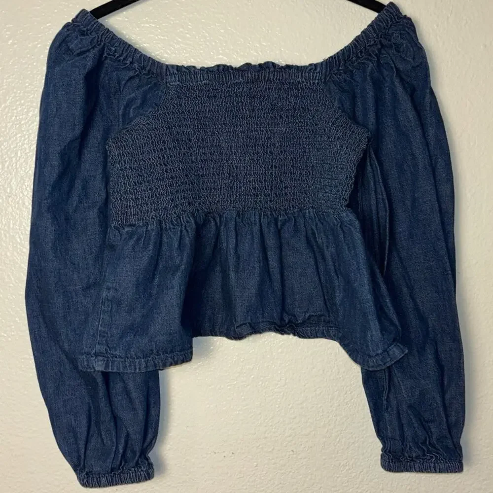 J. Crew Chambray Smocked Puffed-Sleeve Top Birch Wash (off shoulder) woman's Med